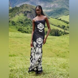 Farm Rio Black and White Floral Arabesque Silk Dress